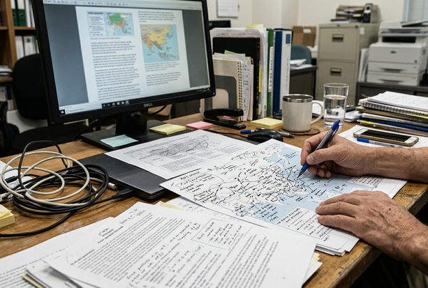Editorial desk with notes and drafts mapping frontier standoffs