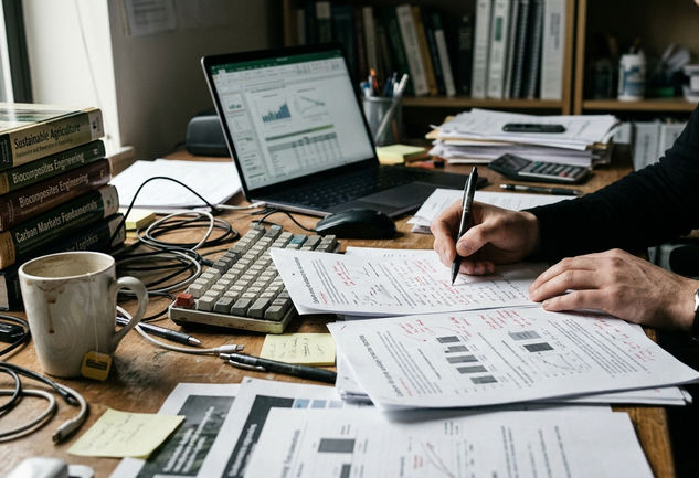 Editorial desk with notes and drafts concerning carbon markets and industrial hemp logistics