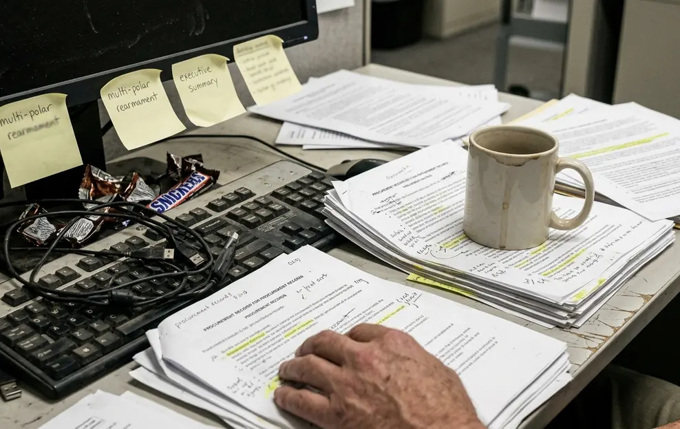 Editorial desk with notes and drafts scattered across a scratched laminate surface