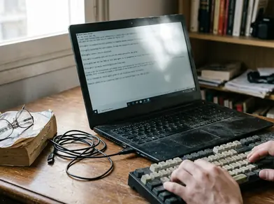 Content creation workspace, clean aesthetic disrupted by authentic clutter