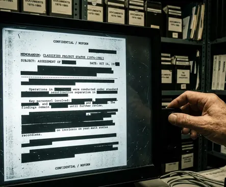[GENERATE: a microfiche reader screen illuminating a heavily redacted government document in a dimly lit