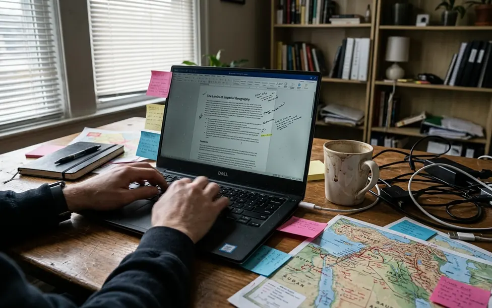 Home office writing setup with laptop displaying a draft on The Limits of Imperial Geography